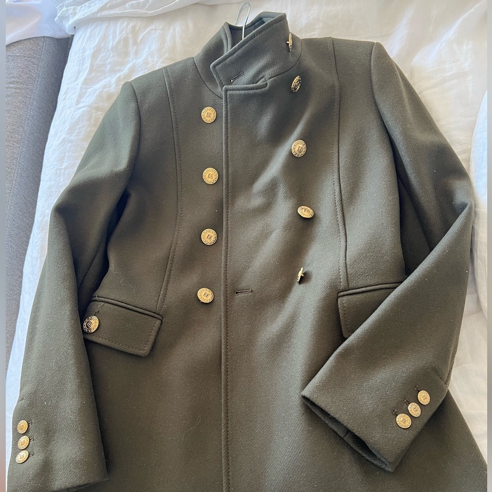 Zara Olive Green Double-Breasted Military Coat with Gold Buttons